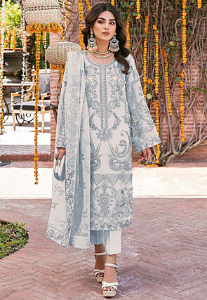 Embroidered Organza Pakistani Suit in Light Grey