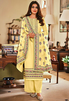 Embroidered Organza Pakistani Suit in Light Yellow