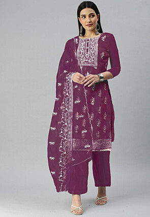 Embroidered Organza Pakistani Suit in Magenta