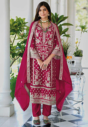 Embroidered Organza Pakistani Suit in Maroon