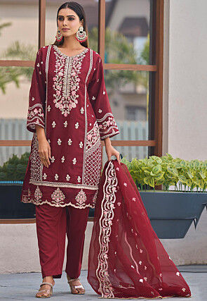 Embroidered Organza Pakistani Suit in Maroon