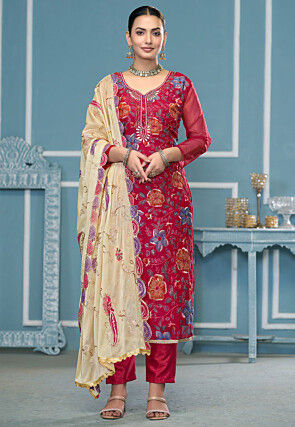 Embroidered Organza Pakistani Suit in Maroon