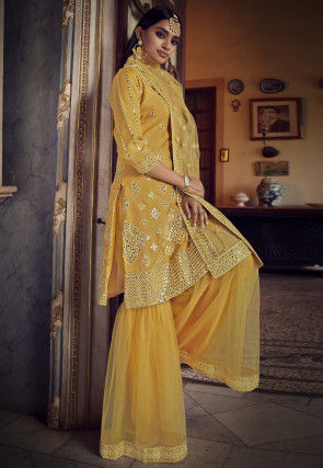 Embroidered Organza Pakistani Suit in Mustard