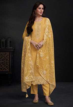 Women's Mustard Chanderi Straight Pant With Embroidered Borders And Mirror  Work Collection at Soch India