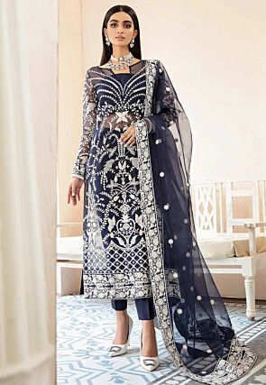Embroidered Organza Pakistani Suit in Navy Blue