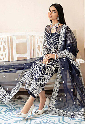 Embroidered Organza Pakistani Suit in Navy Blue