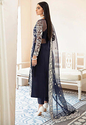 Embroidered Organza Pakistani Suit in Navy Blue
