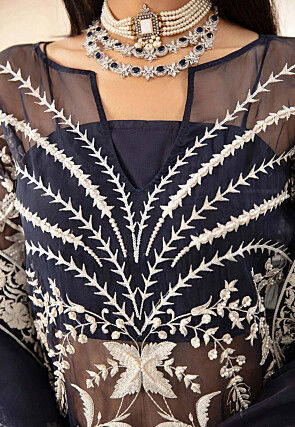 Embroidered Organza Pakistani Suit in Navy Blue