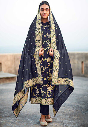 Embroidered Organza Pakistani Suit in Navy Blue
