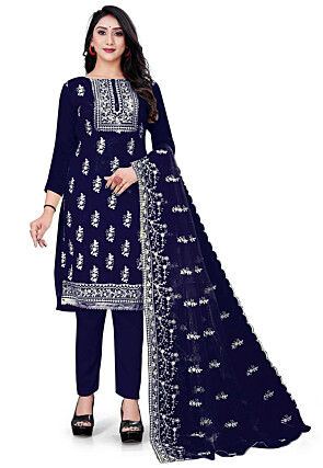 Embroidered Organza Pakistani Suit in Navy Blue