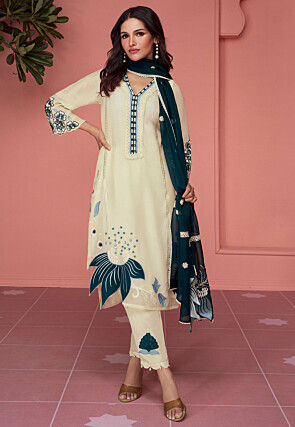 Embroidered Organza Pakistani Suit in Off White