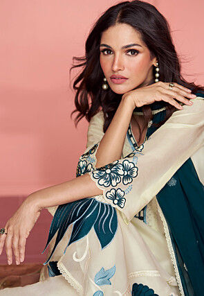 Embroidered Organza Pakistani Suit in Off White