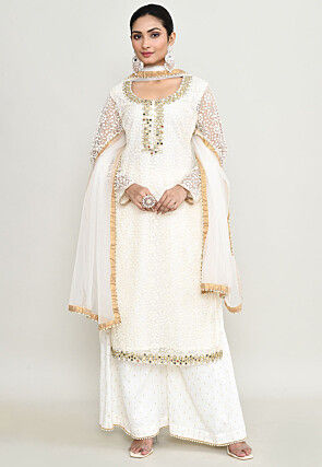 Embroidered Organza Pakistani Suit in Off White