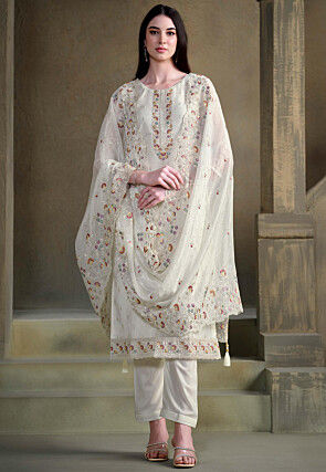 Embroidered Organza Pakistani Suit in Off White