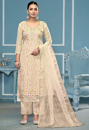 Embroidered Organza Pakistani Suit in Off White