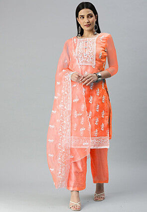 Embroidered Organza Pakistani Suit in Orange