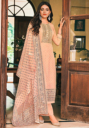 Embroidered Organza Pakistani Suit in Peach