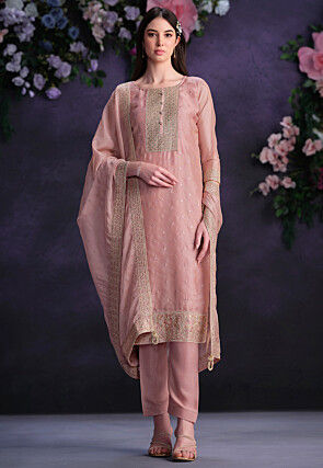 Embroidered Organza Pakistani Suit in Peach