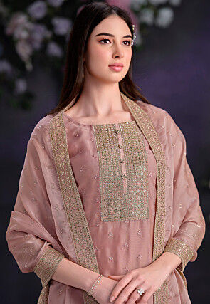Embroidered Organza Pakistani Suit in Peach