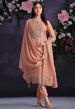 Embroidered Organza Pakistani Suit in Peach