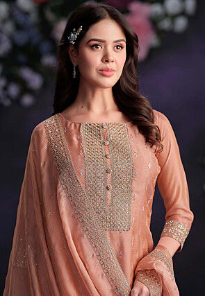 Embroidered Organza Pakistani Suit in Peach
