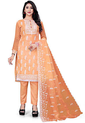 Embroidered Organza Pakistani Suit in Peach