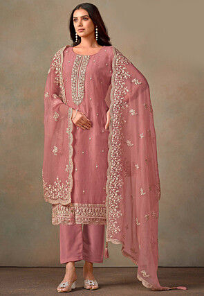 Embroidered Organza Pakistani Suit in Peach
