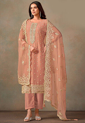 Embroidered Organza Pakistani Suit in Peach