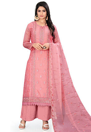Embroidered Organza Pakistani Suit in Peach