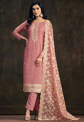 Embroidered Organza Pakistani Suit in Pink