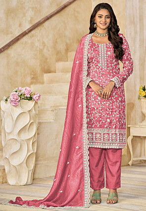 Embroidered Organza Pakistani Suit in Pink