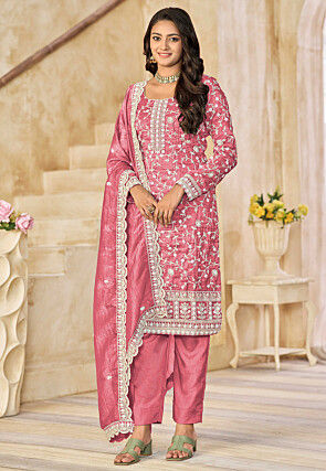 Embroidered Organza Pakistani Suit in Pink