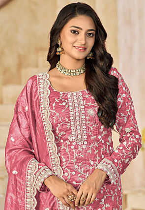 Embroidered Organza Pakistani Suit in Pink