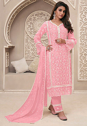Embroidered Organza Pakistani Suit in Pink