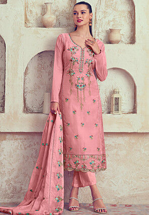 Embroidered Organza Pakistani Suit in Pink