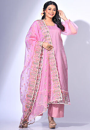 Embroidered Organza Pakistani Suit in Pink