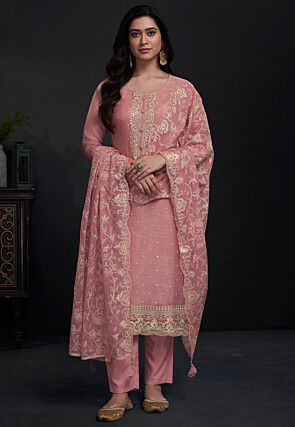 Embroidered Organza Pakistani Suit in Pink