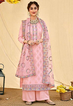 Embroidered Organza Pakistani Suit in Pink