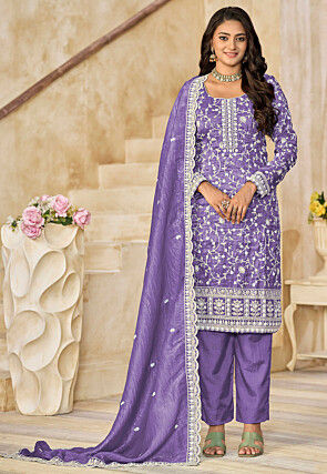 Embroidered Organza Pakistani Suit in Purple