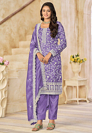 Embroidered Organza Pakistani Suit in Purple