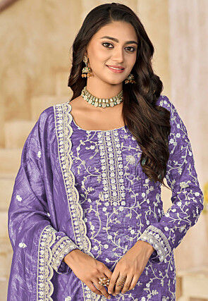 Embroidered Organza Pakistani Suit in Purple