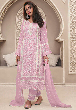Embroidered Organza Pakistani Suit in Purple