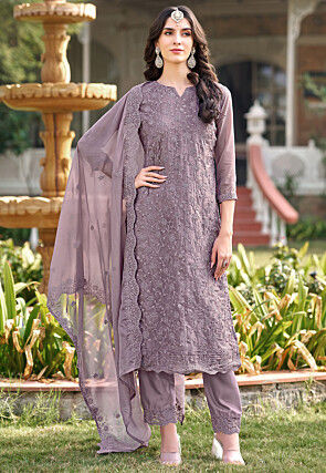 Embroidered Organza Pakistani Suit in Purple