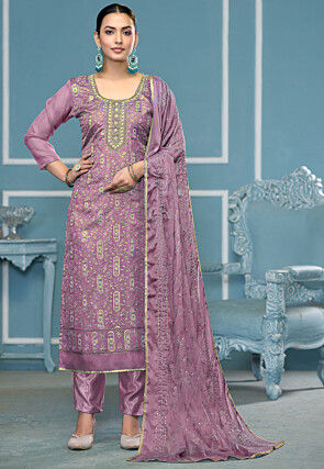 Embroidered Organza Pakistani Suit in Purple