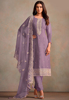 Embroidered Organza Pakistani Suit in Purple
