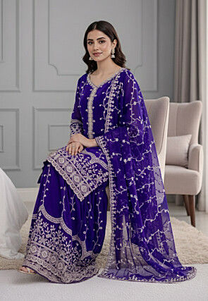 Embroidered Organza Pakistani Suit in Royal Blue