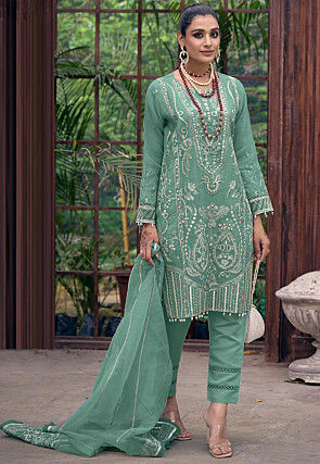 Embroidered Organza Pakistani Suit in Sea Green