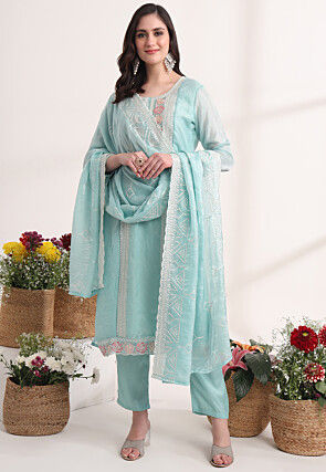 Embroidered Organza Pakistani Suit in Sky Blue