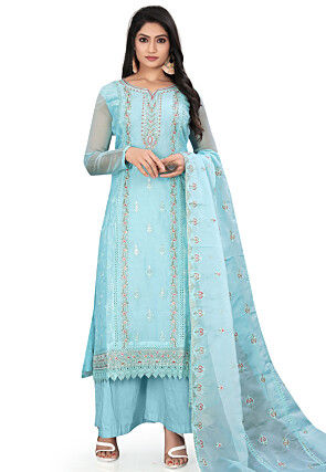 Embroidered Organza Pakistani Suit in Sky Blue