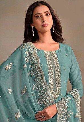Embroidered Organza Pakistani Suit in Sky Blue